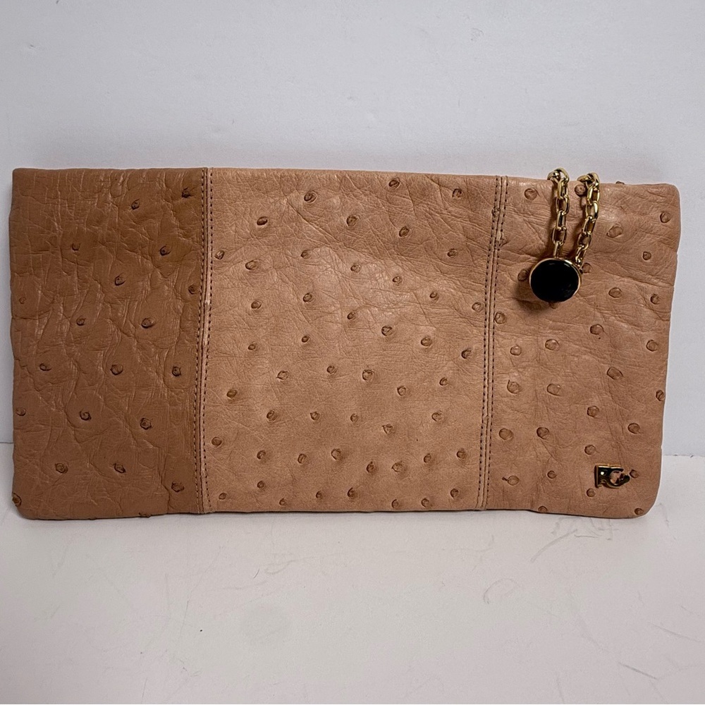 Fabrizio Giannone Tan Ostrich Leather Clutch Bag with Dust Bag Luxury Rare